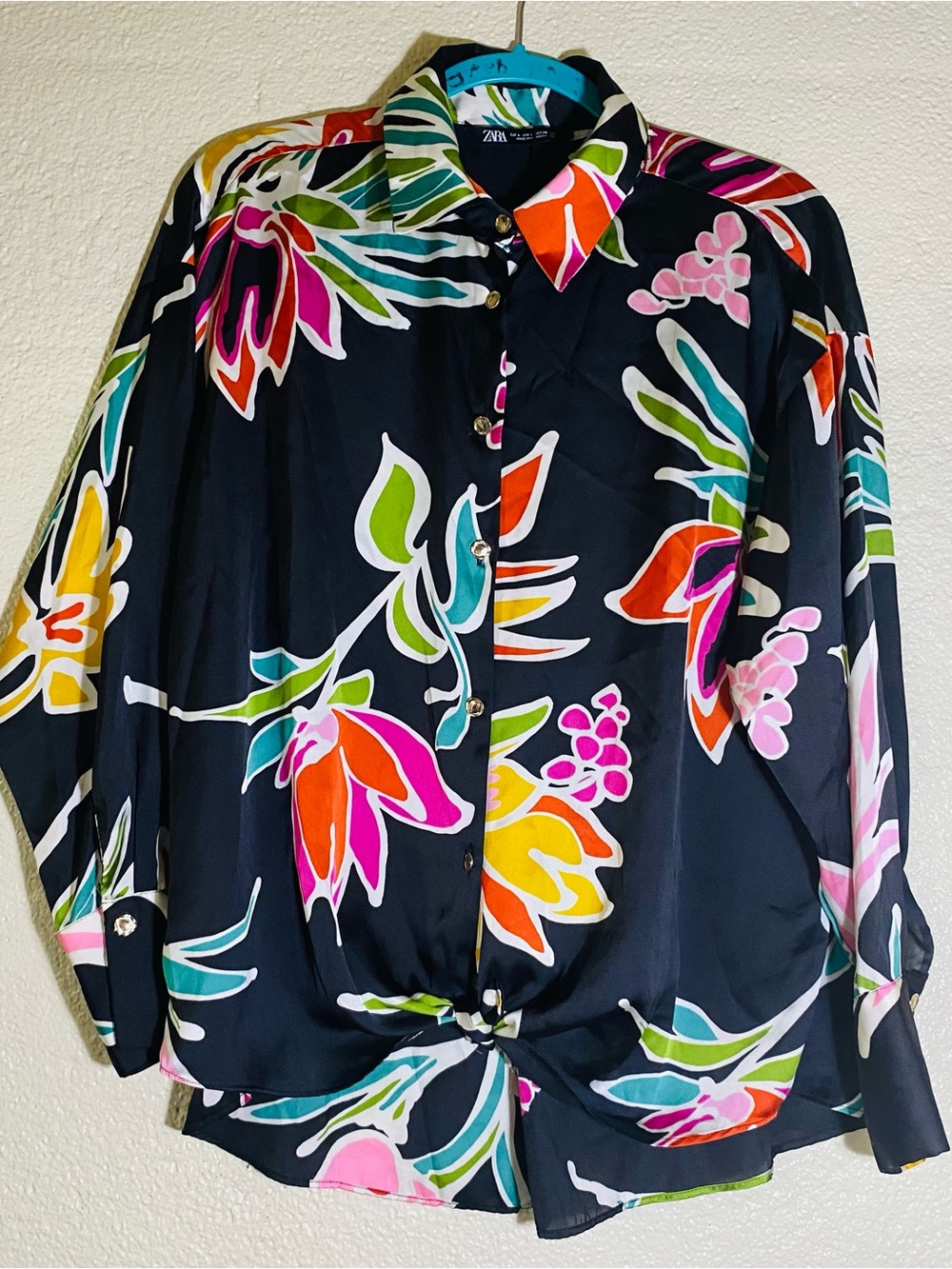 Zara Black Multicolor Floral Button-Down Shirt with Front Tie